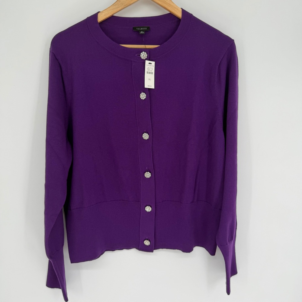 Talbots Cardigan Purple Rhinestone Button XL Classic Holiday Old Money